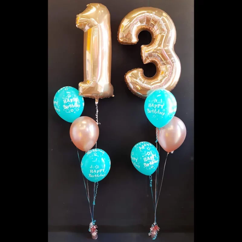 Helium Balloon Bouquet With The Number 13 Alongside Blue and Pink Balloons