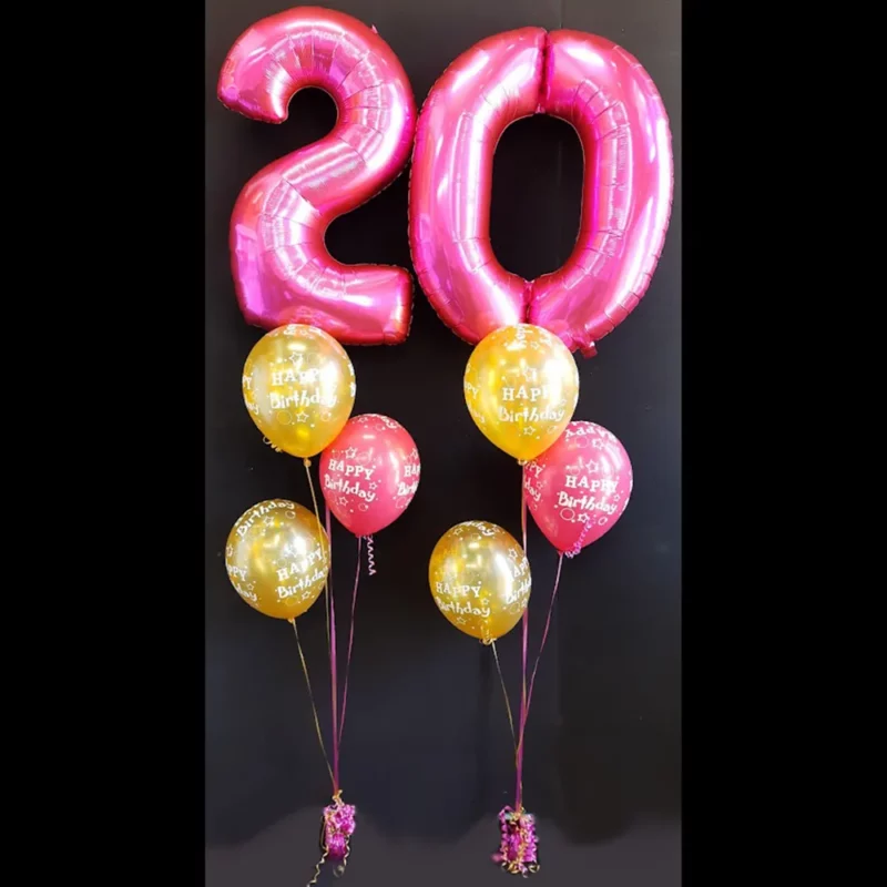 Helium Balloon Bouquet With The Number 20 Alongside Yellow and Pink Balloons