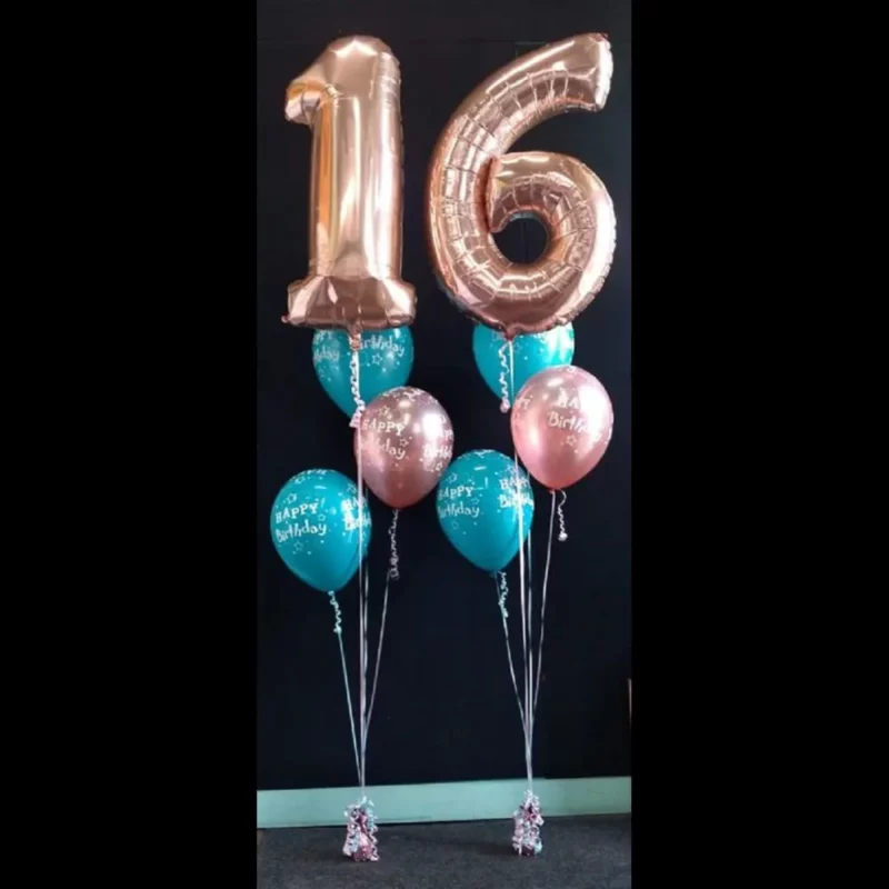 Helium Balloon Bouquet With The Number 16 Alongside Blue and Pink Balloons